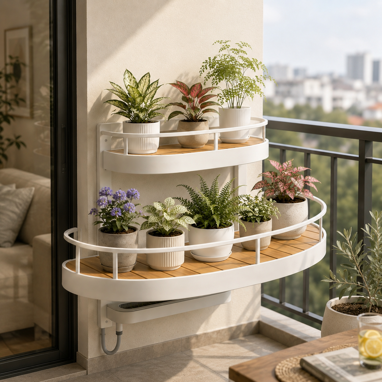 Double‑Tier Curved Wall‑Mounted Balcony Plant Shelf