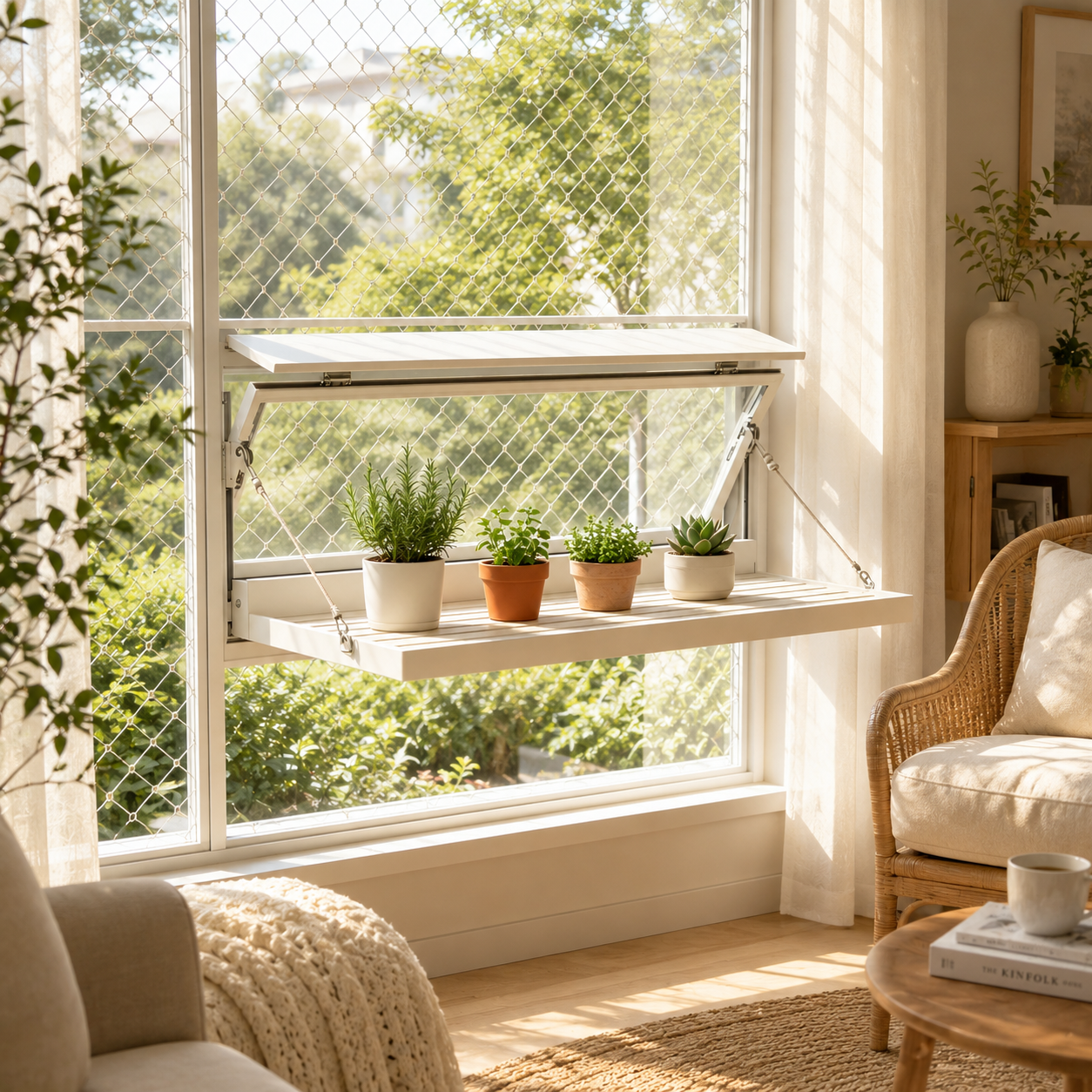 Window Flipping Fold‑Out Plant Shelf