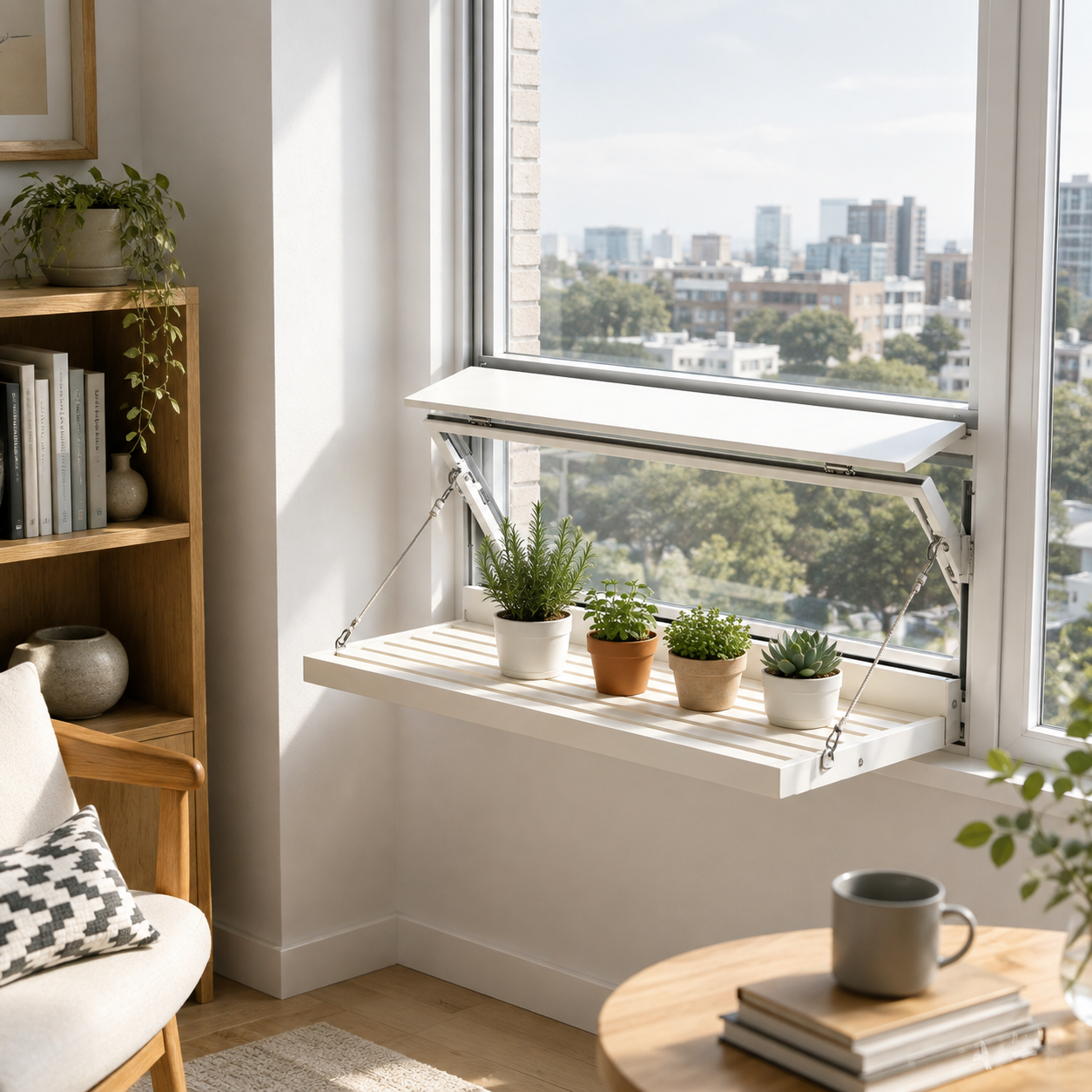 Window Flipping Fold‑Out Plant Shelf