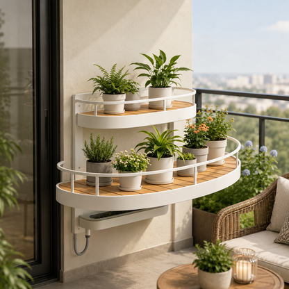 Double‑Tier Curved Wall‑Mounted Balcony Plant Shelf