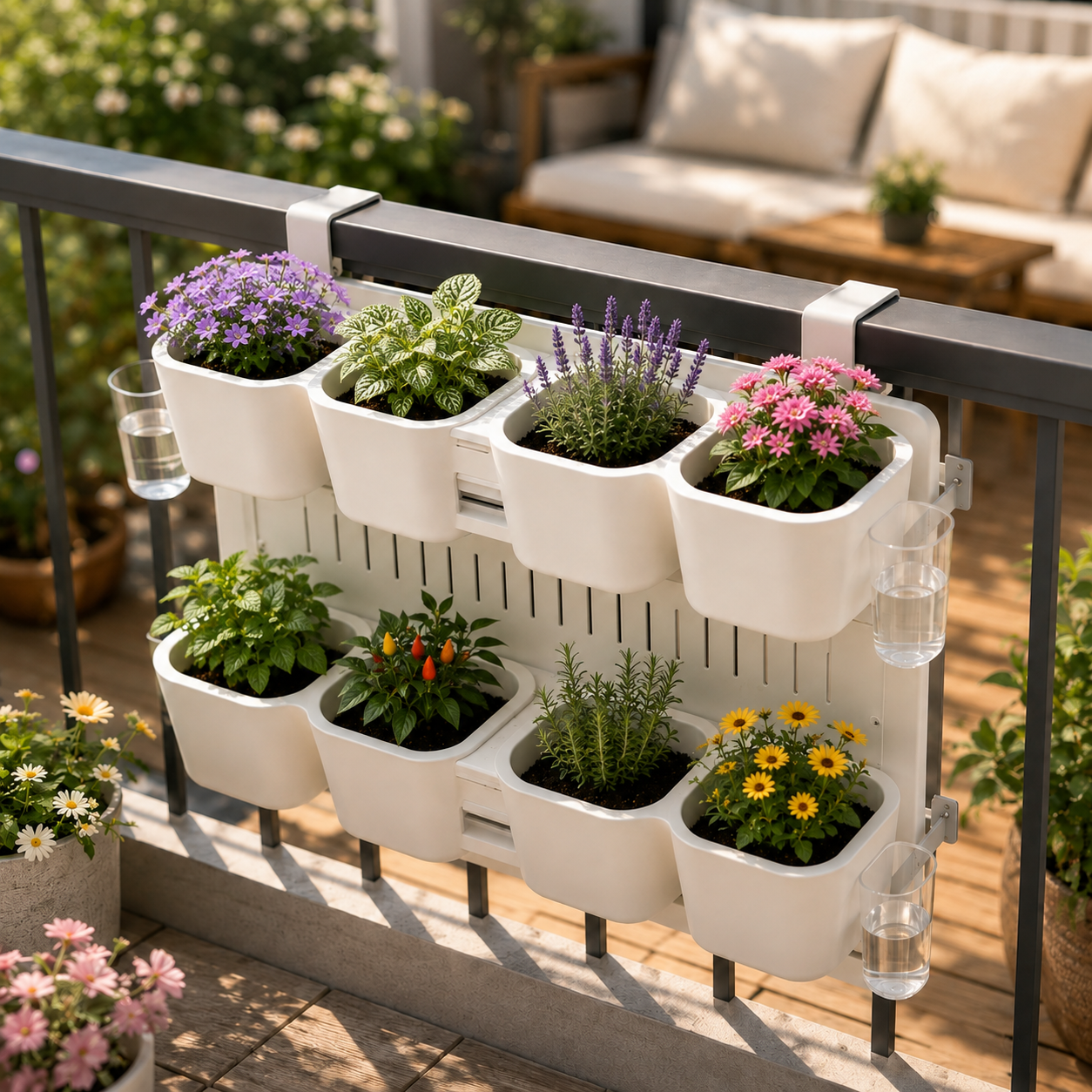 Double‑Tier Modular Railing‑Hanging Self‑Watering Planter